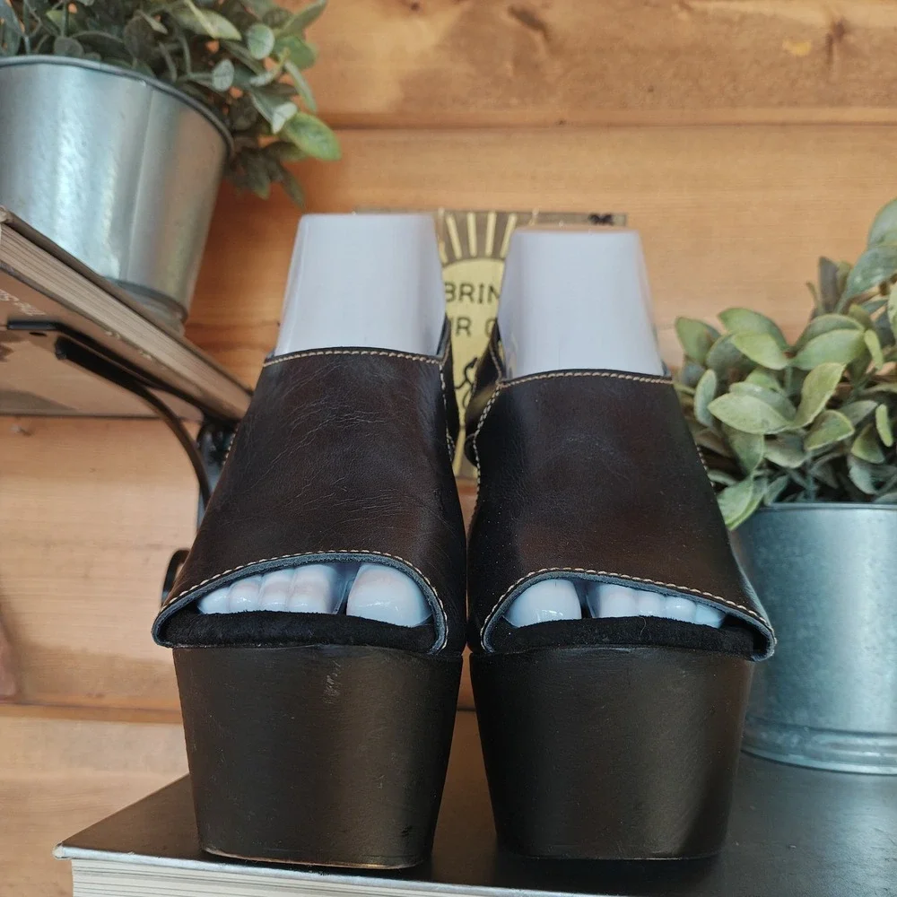 Sbicca Vintage Collection Wooden Wedge Platform Sandals Boho Black Leather Sz 38